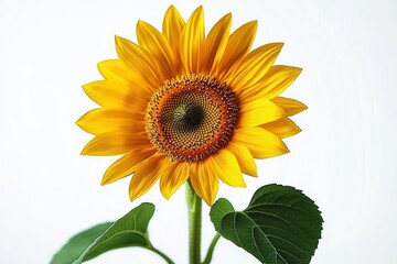 Obraz premium Bright yellow sunflower with large petals and green leaves against a white background, evoking freshness and natural beauty