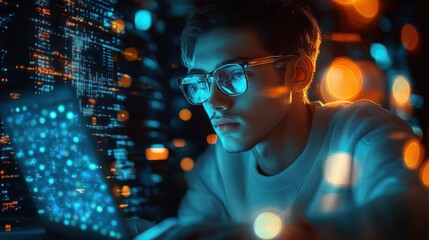 Young man wearing glasses working intensely on a laptop surrounded by glowing digital data visuals in blue and orange hues, focused and immersed in technology