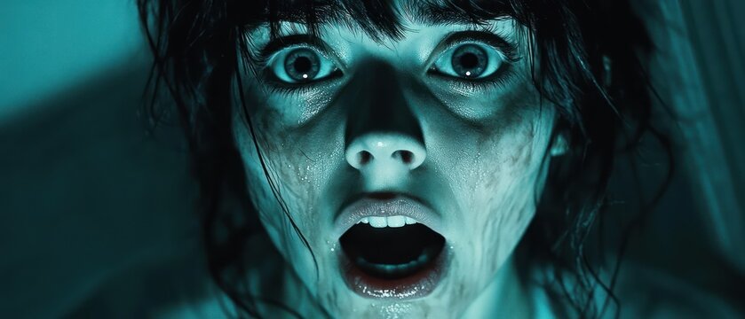 Close-up of a young woman with wide eyes and open mouth expressing fear or shock, her face illuminated with dramatic bluish lighting highlighting sweat and distress