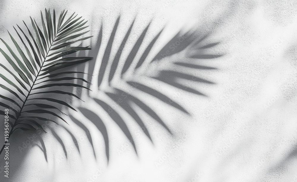 Poster close-up of a single palm leaf casting a distinct shadow on a textured white wall creating a calm an