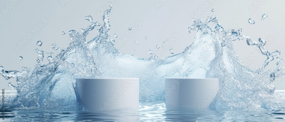 Poster two white cylindrical objects partially submerged in water with large splashes and droplets frozen m