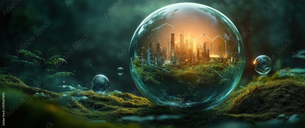 Poster futuristic glowing cityscape encapsulated inside a large transparent bubble resting on lush green mo