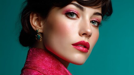 Elegant Woman with Glamorous Makeup and Sparkling Outfit Posing Against a Teal Background