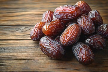 Close-up of fresh glossy dried dates clustered on a wooden surface showing their textured wrinkled skin