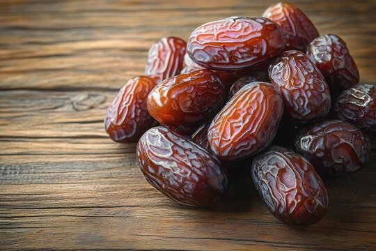 Close-up of fresh glossy dried dates clustered on a wooden surface showing their textured wrinkled skin