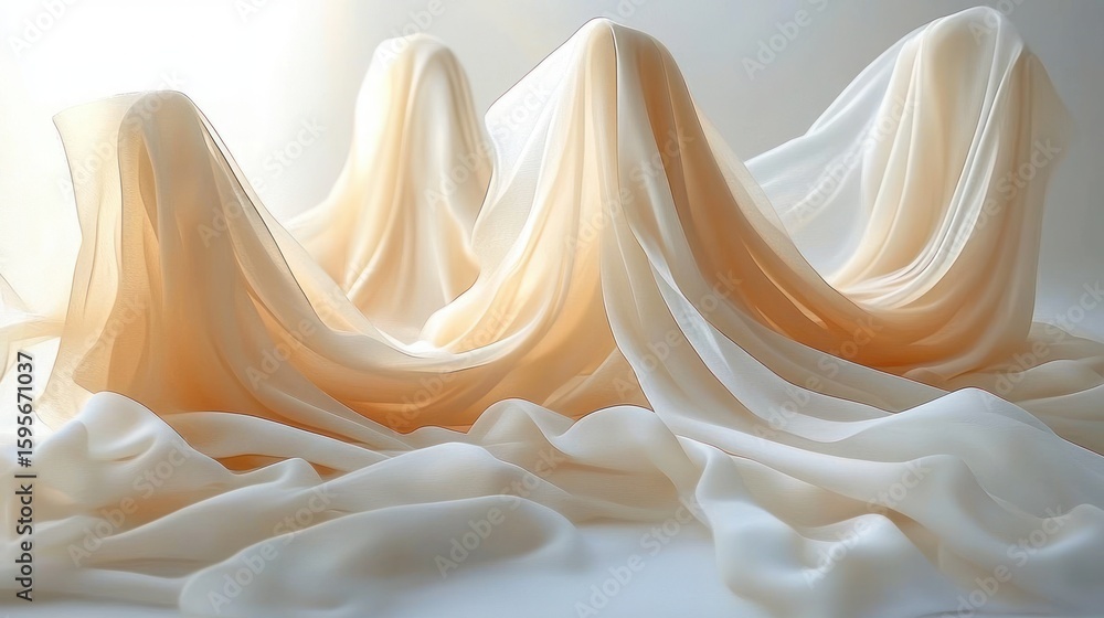 Aufkleber soft flowing translucent fabric arranged in gentle peaks and folds in warm beige and white tones cre