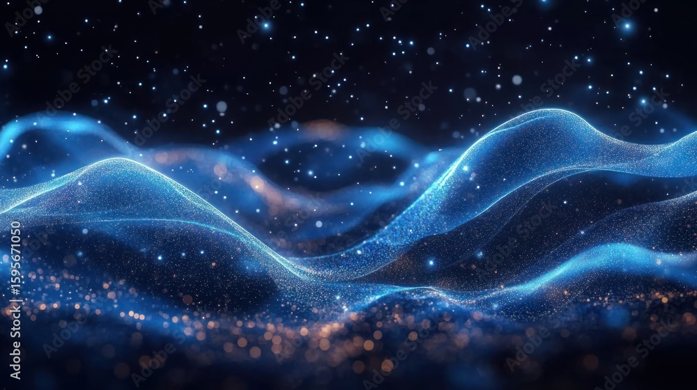 Poster glowing blue waves of particles and light floating in a dark cosmic space with sparkling stars and b