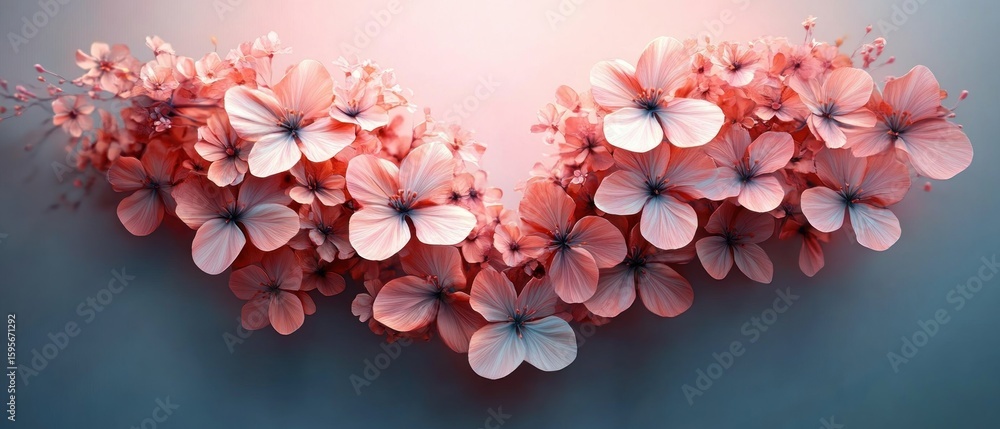 Poster cluster of delicate pink flowers with soft lighting and blurred background creating a serene and ele