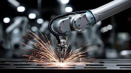 Industrial Robotic Arm Engaging in Precision Welding Process with Sparking Effects in Factory Environment