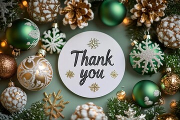 A festive arrangement of green, gold, and white Christmas ornaments and pine cones surrounding a circular card with a thank you message on a green background
