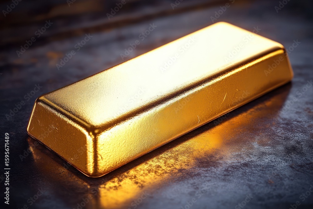 Poster shiny gold bar resting on a dark textured surface reflecting warm light with a smooth and polished m
