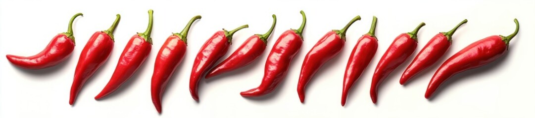 Row of bright red chili peppers with green stems arranged horizontally on a white background, showcasing fresh and vibrant appearance