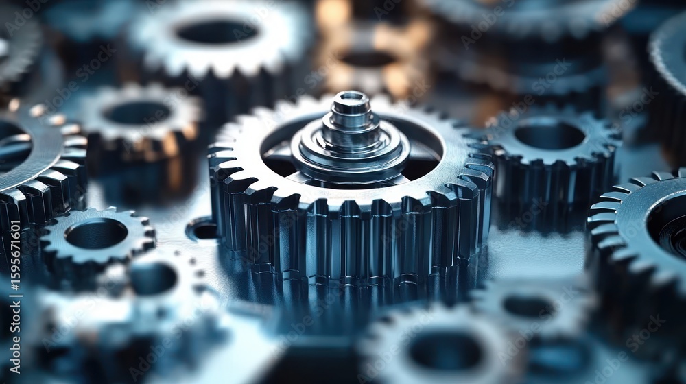 Poster close-up view of interlocking metallic gears and cogs with a cool blue tone, showcasing intricate me