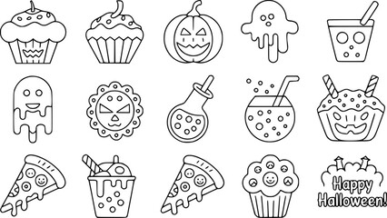 A set of Halloween-themed food icons in a simple, outlined style.