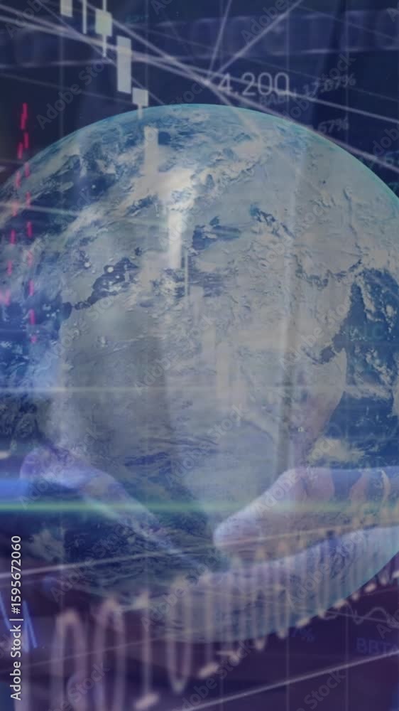 Aufkleber animation of globe, statistics and financial data processing over caucasian man using smartphone
