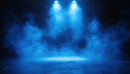 Empty stage illuminated by two blue spotlights with fog creating a mysterious and dramatic atmosphere