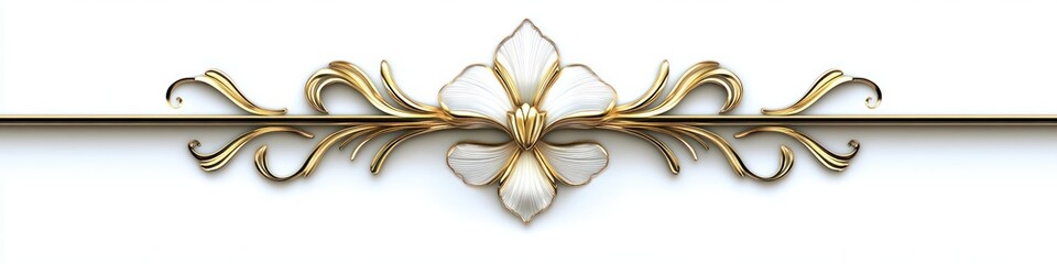 elegant decorative horizontal divider featuring a central white flower with gold outlines and ornate gold swirling accents on a white background