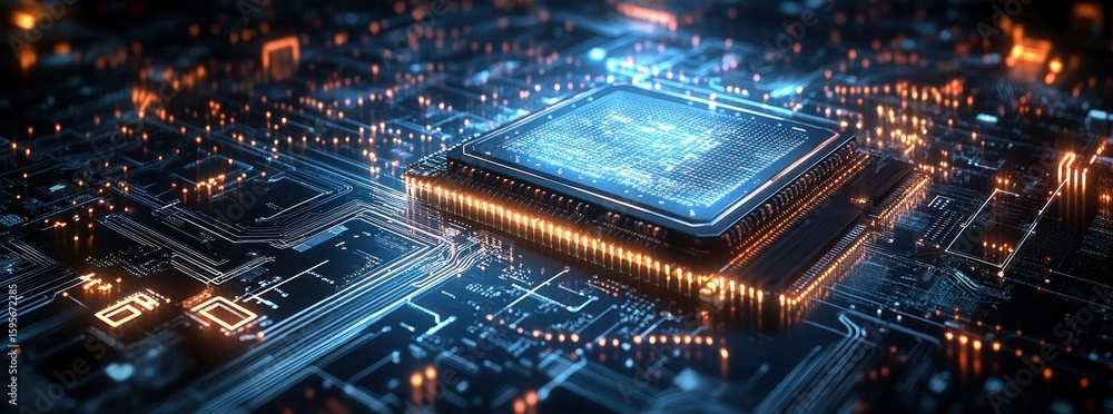 Poster glowing microchip placed on an illuminated circuit board with intricate electronic pathways and brig