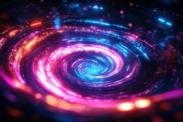 Colorful swirling vortex of neon lights in blue, pink, and orange hues creating a dynamic futuristic spiral effect
