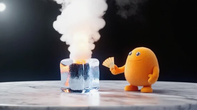 An orange cartoon character stands before a burning ice cube, holding a paper fan, with steam rising