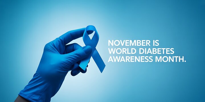 Hand wearing blue glove holding blue ribbon for diabetes awareness - Powered by Adobe