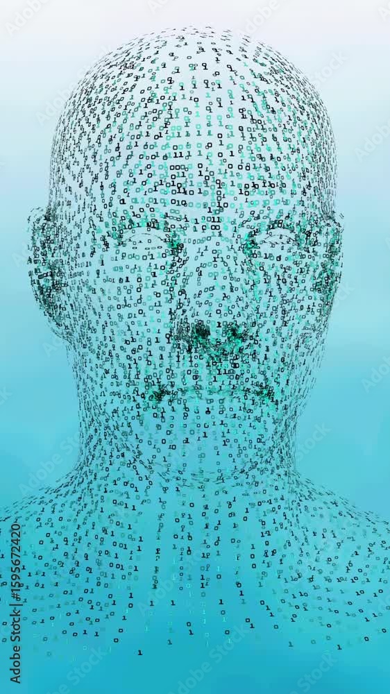 Poster animation of human head formed with binary coding spinning over blue background