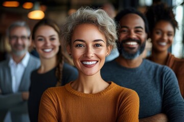 Fototapeta premium Diverse group of five smiling people standing indoors with one person in the foreground wearing a brown sweater and others blurred in the background