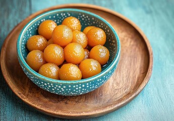 Glazed round orange sweets neatly arranged in a patterned blue bowl on a wooden plate with a teal tabletop background