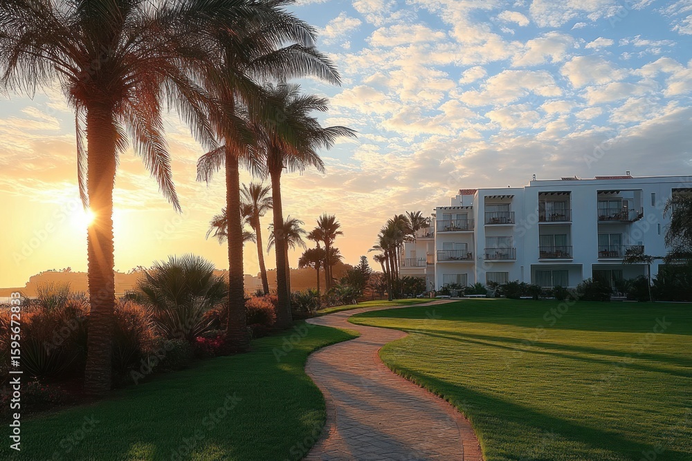 Poster sunset view of a winding pathway lined with palm trees beside a modern white building surrounded by 