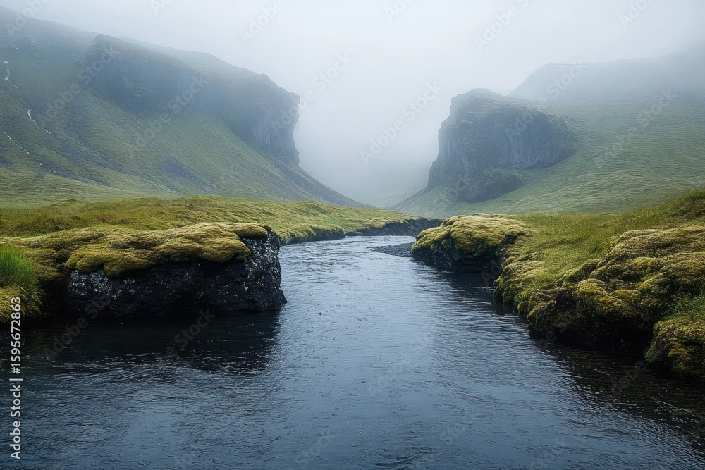 Poster calm river flowing through moss-covered grassy cliffs with misty mountains in the background creatin
