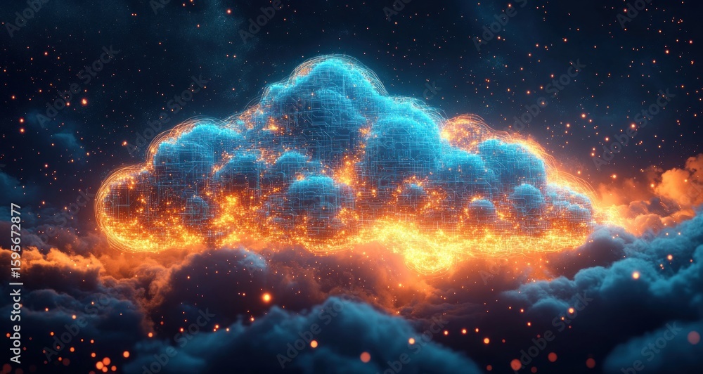 Poster glowing digital cloud with blue circuit patterns and orange sparkling energy floating above dark clo