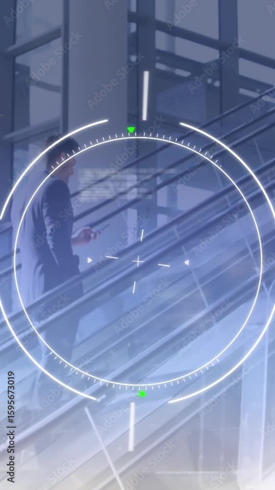 Poster animation of scanning circle with programming language over businessman using phone on escalator