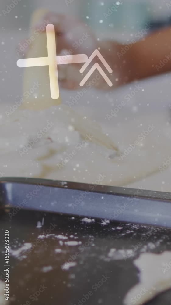 Poster animation of falling numbers and security icons over caucasian social media checking smartwatch