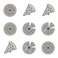 Naklejka premium Collection of pizza slices and whole pizzas in outline style isolated on white background