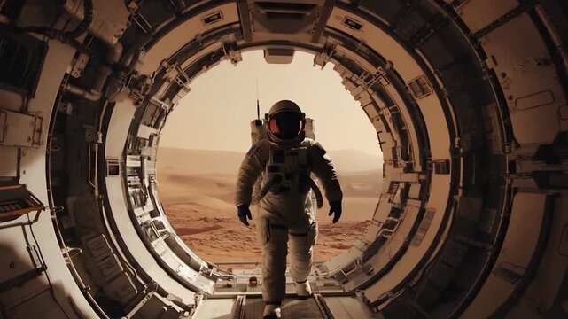 Astronaut exits a circular spacecraft on Mars