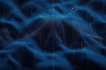 Abstract digital topographic map with glowing blue contour lines and scattered small bright orange and yellow points on a dark background