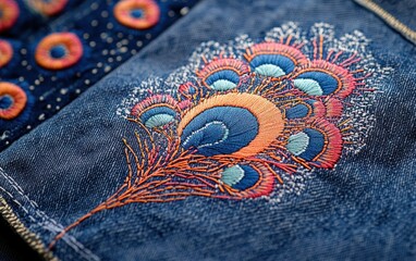 Colorful embroidered peacock feather design with blue, orange, and pink threads on dark blue denim fabric conveying intricate craftsmanship and delicate texture
