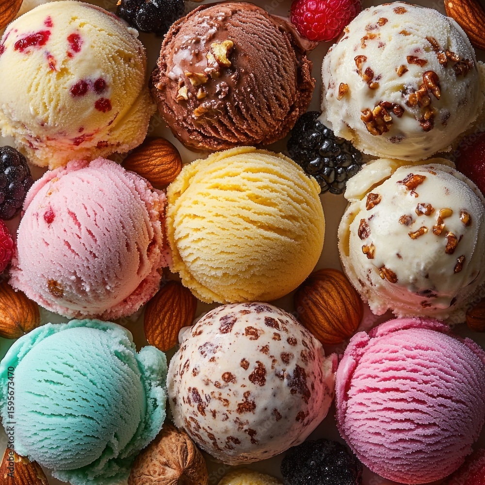 Poster assorted colorful scoops of ice cream surrounded by mixed nuts and berries evoking a joyful and appe