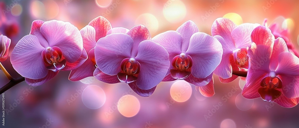 Poster close-up of a vibrant pink orchid flower branch with soft glowing bokeh lights in the background, cr