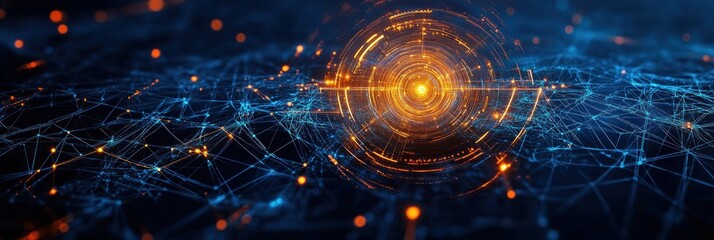 Futuristic digital network with glowing orange and blue interconnected nodes and circular data visualization floating above a wireframe globe