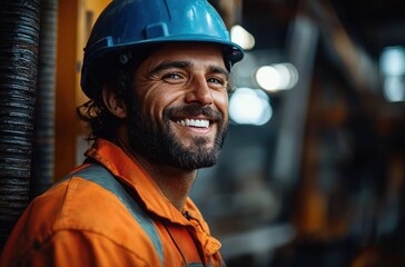 Smiling male construction worker wearing blue safety helmet and orange high-visibility jacket in a worksite environment expressing confidence and positivity