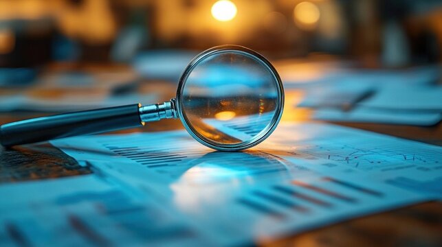 Magnifying glass lying on scattered financial documents with graphs and charts under warm lighting, suggesting detailed analysis and investigation