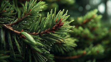 Close up of a pine tree branch with water droplets on it.