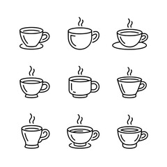 Collection of nine hand drawn coffee cups isolated on white background