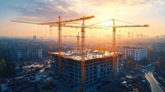 Large building under construction with multiple yellow cranes around during sunrise in an urban setting with surrounding buildings and misty atmosphere