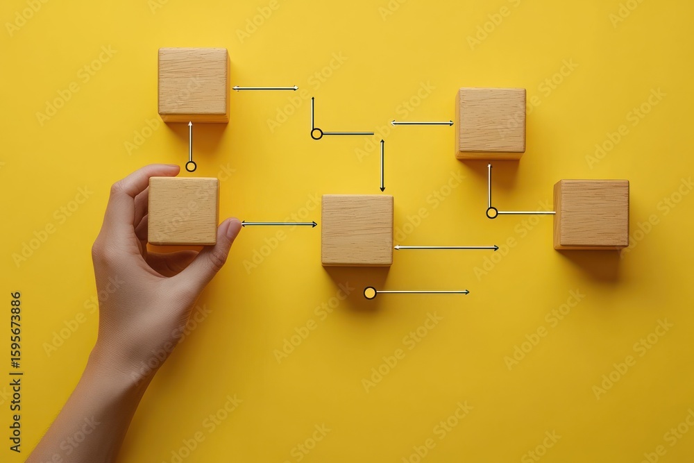 Poster hand arranging wooden blocks connected by white arrows on yellow background symbolizing flowchart or
