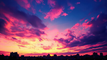 Vivid Sunset Over City Skyline with Colorful Clouds and Silhouettes