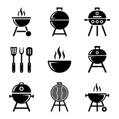 Collection of barbecue grills and utensils isolated on white background