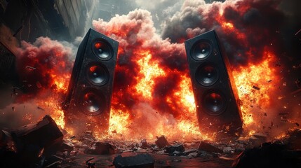 Two large speakers standing amidst intense fiery explosion with smoke and debris in a dramatic urban destruction scene
