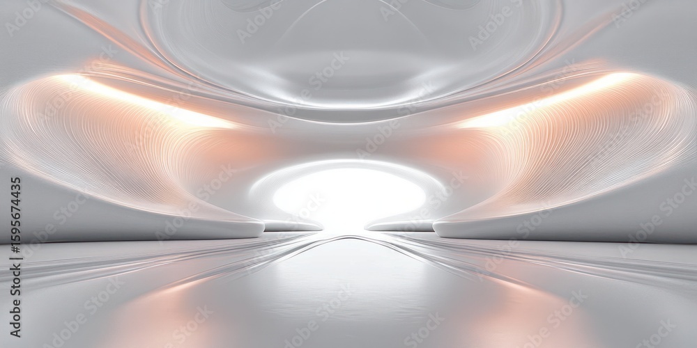 Poster futuristic white smooth symmetrical tunnel corridor with soft glowing warm lights and reflective flo